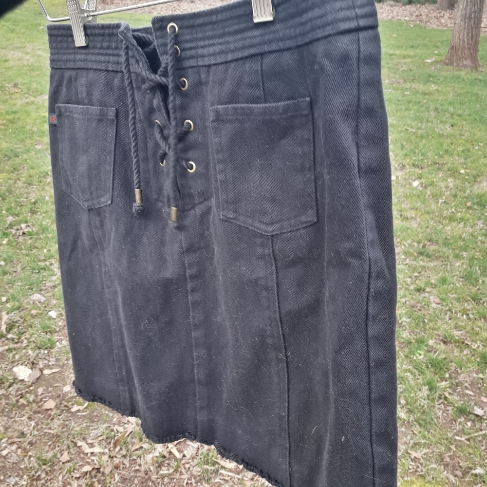 Polo Ralph Lauren Black Denim Boho Mini Skirt Fringe Hem Black Jeans Skirt 4 - Picture 7 of 13